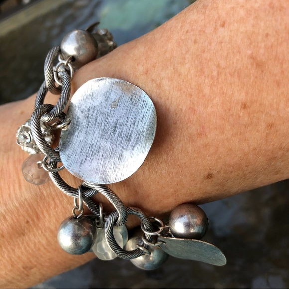 Bold Bangle Silvertone Rhinestones & Beads - Picture 4 of 8